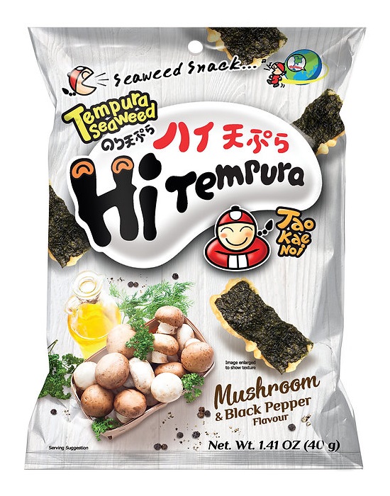Snack di alghe Tempura gusto funghi e pepe nero - Taokaenoi 40g. Snack di alghe Tempura gusto funghi e pepe nero - Taokaenoi 40g.